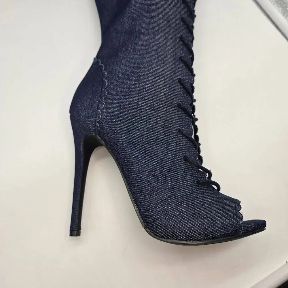 Denim Knee High Boots Size 8.5 | Y2K Festival Statement Heels - Picture 10 of 13